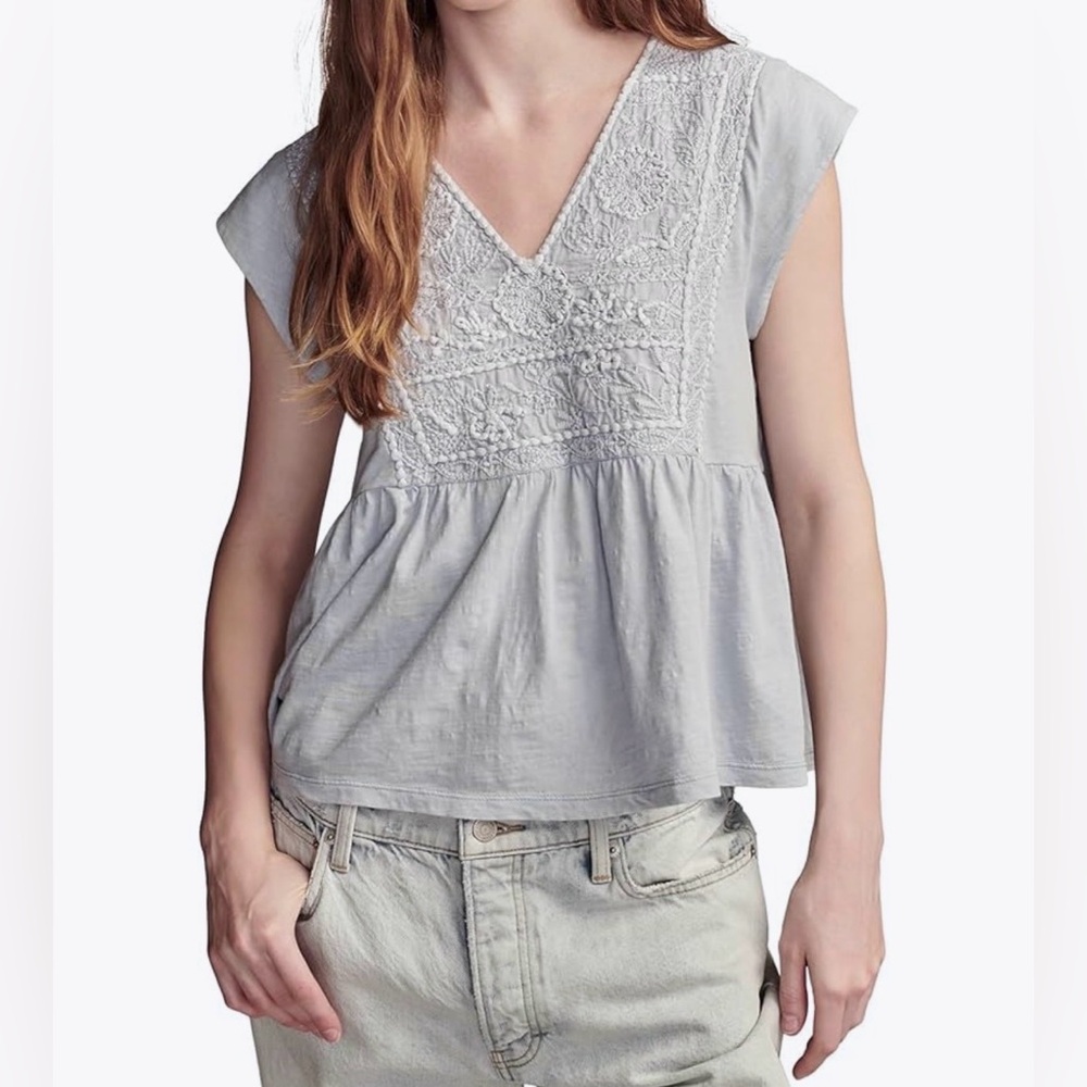 Lucky Brand - Embroidered Blue Baby Doll Top, Women’s size Medium - Picture 7 of 9